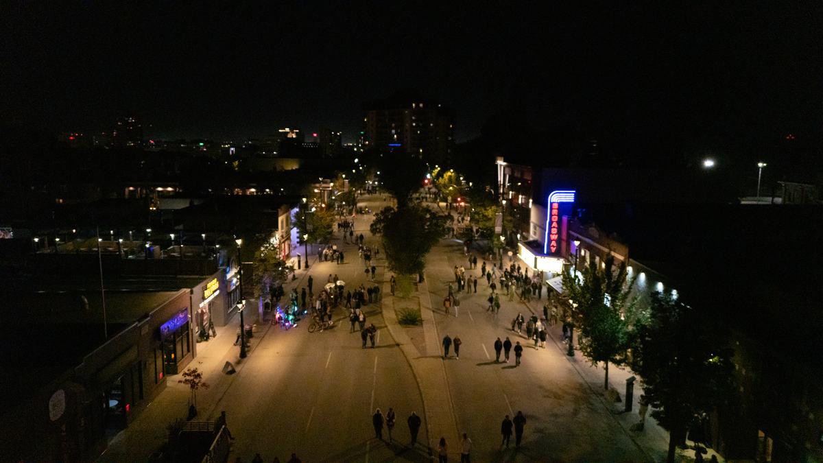 Broadway Avenue from above on the night, closed to traffic and full of people